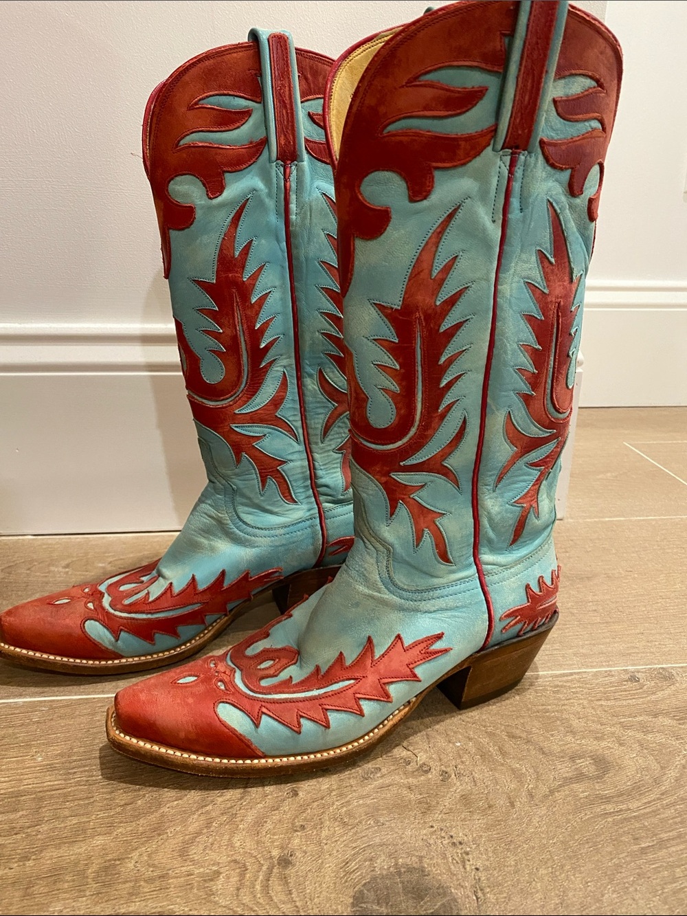 Lucchese Turquoise and Red Western Leather Cowboy Boots